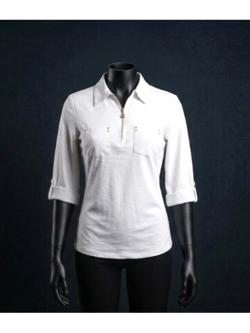 Cathy Womens Top Shirt Size M White 3/4 Roll Tab Sleeve Collared Half Zip Casual